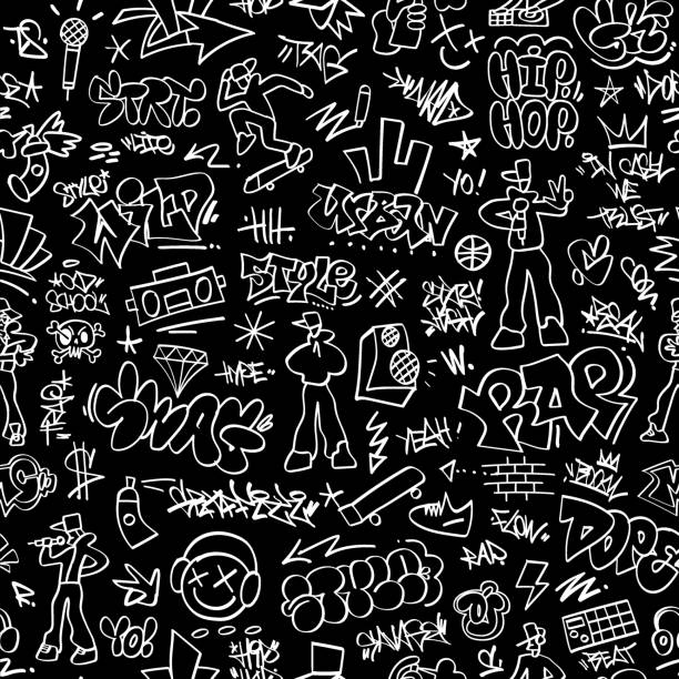 ilustrações, clipart, desenhos animados e ícones de graffiti, música rap, letras de estilo de rua - elemento de design de padrão vetorial sem costura - pattern music backgrounds city