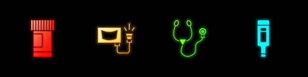 istock Set Medicine bottle and pills, Ultrasound, Stethoscope and Digital thermometer icon. Vector 1486863796
