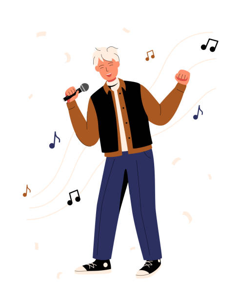 ilustraciones, imágenes clip art, dibujos animados e iconos de stock de ilustración vectorial de un niño sonriente que canta. un hombre con ropa elegante habla al público. un personaje con un micrófono en la mano interpreta una canción. el concepto de eurovisión, concursos musicales - singing singer teenager contest