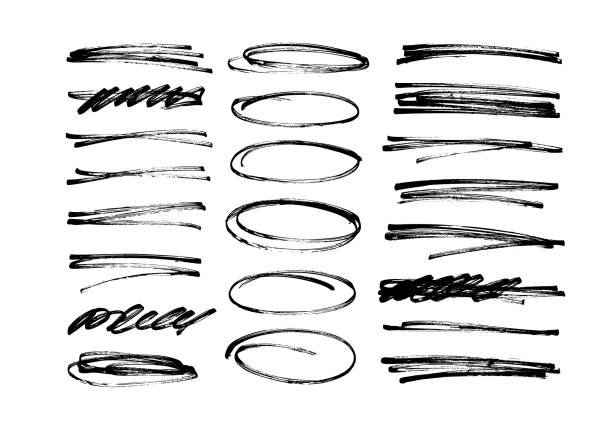 Marker pen underline and strikethrough strokes. Marker pen underline and strikethrough strokes. Hand drawn collection of different scribble lines and brush strokes. Crosses, oval and strikethroughs. Vector black ink illustration of scribbles. pencil drawing hand stock illustrations