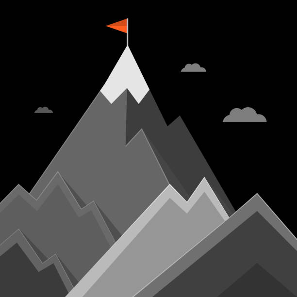 istock High mountains with red flag on tehe top of the mountain - vector 1486866546