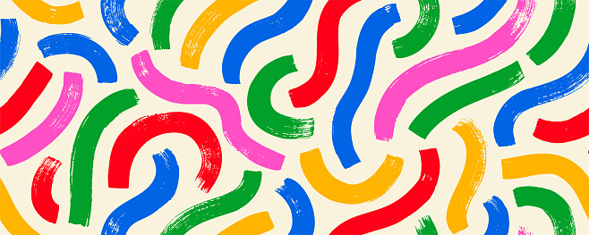 Wavy and curved brush strokes vector seamless pattern. Colorful childish banner with squiggles. Creative doodle organic bold lines. Bright color geometric seamless banner with trendy basic shapes.