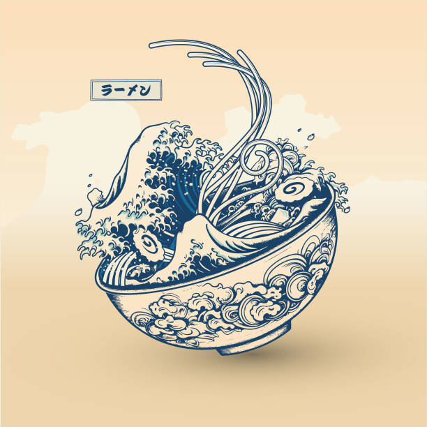 ilustraciones, imágenes clip art, dibujos animados e iconos de stock de ramen japonés y la gran ola de kanagawa - comida japonesa