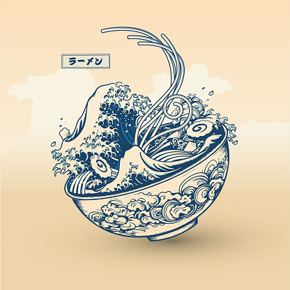 Traditional Japanese ramen and the Great Wave of Kanagawa on a bowl. Ukiyo-e style of illustration. Vector Illustration
