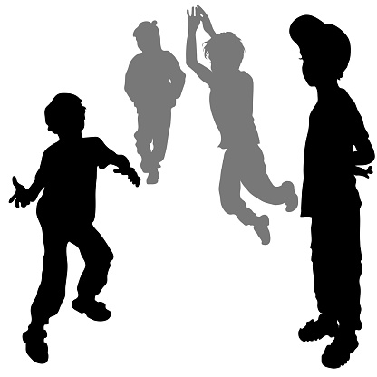 Vector silhouettes of a little boy 6 years old in different poses. The child is standing sideways, hands behind his back. The boy is jumping, hands are raised up. Silhouette of a dancing baby on a white background
