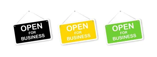 Vector illustration of Open for business. Flat, multicolored, open for business sign. Vector.