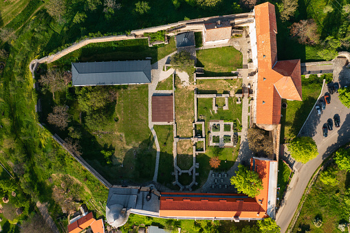 Aerial top down view about the castle of Pecsvarad. The building is a fortified monastery founded back in 988