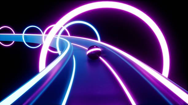 istock Rolling Neon Light Ball on the Metal Curved Way 3D Rendering 1486875747