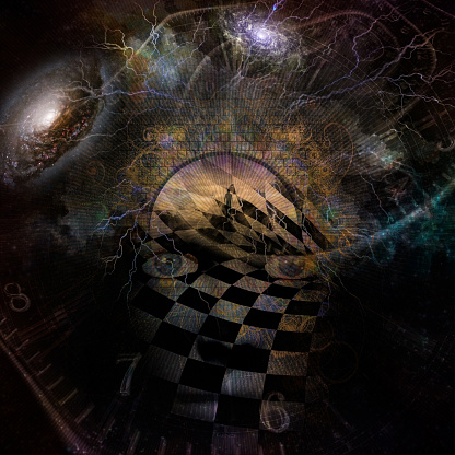 Surrealism. Face with chessboard pattern in a deep space. Figure of man on road to Heaven.