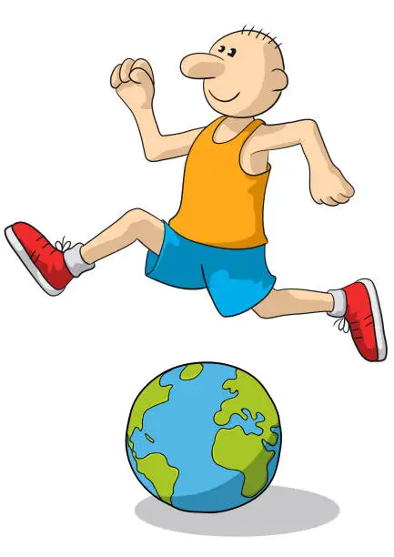 Vector illustration of Drawing of a cheerful athlete running and jumping on the globe, vector illustration