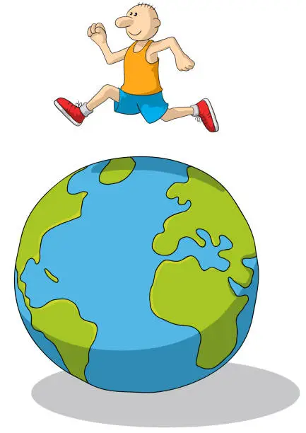 Vector illustration of Drawing of a cheerful athlete running and jumping on the globe, vector illustration