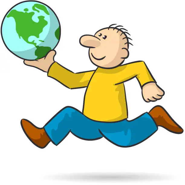 Vector illustration of Drawing of a cheerful person running with the world in hand, vector illustration
