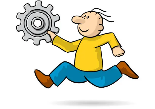 Vector illustration of Drawing of a cheerful person running with a cogwheel, vector illustration