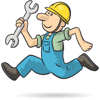 Drawing of a mechanic running with wrench, vector illustration