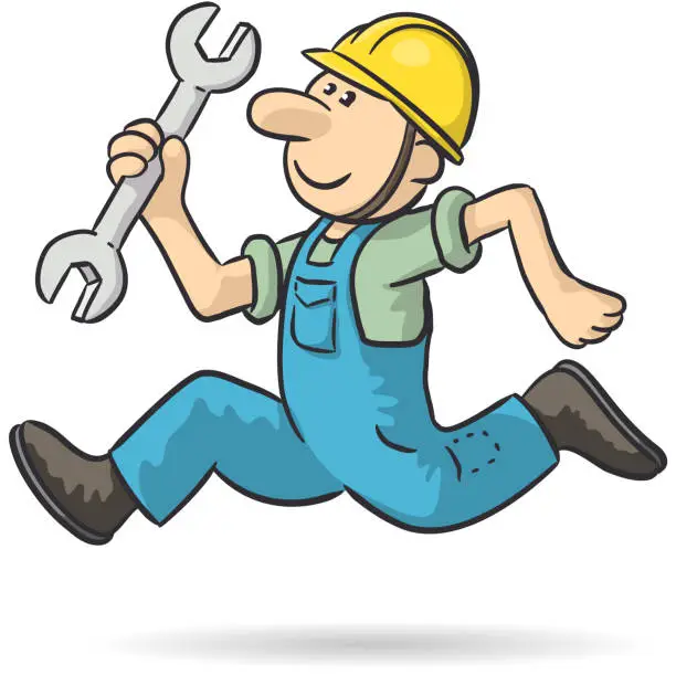 Vector illustration of Drawing of a mechanic running with wrench, vector illustration