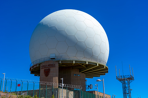 Pico do Areeiro, detail of the round white dome of radar station N°4 on the Portuguese island of Madeira.