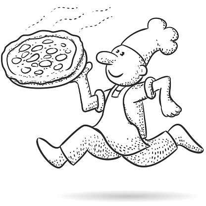 Drawing of a pizza chef running with pizza, vector illustration