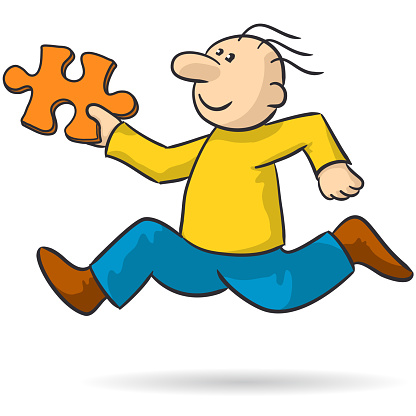 Drawing of a person running with a jigsaw puzzle, vector illustration