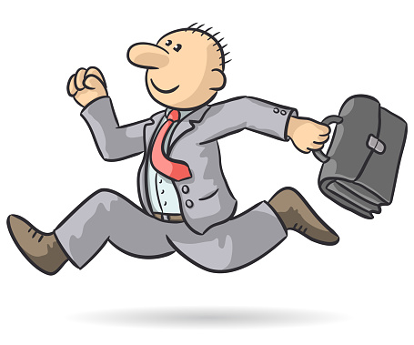 Drawing of a cheerful businessman running with a bag in his hand, vector illustration