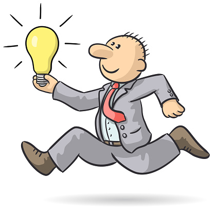 Drawing of a cheerful businessman running with a light bulb in his hand, vector illustration