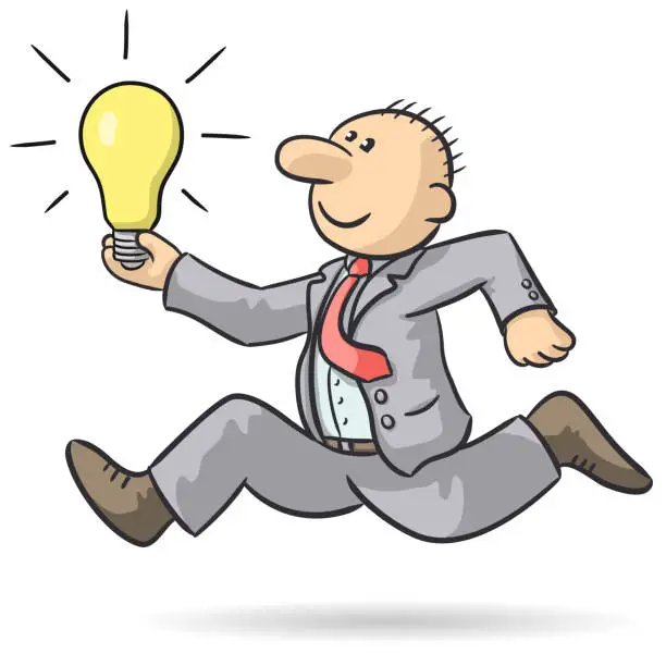 Vector illustration of Drawing of a cheerful businessman running with a light bulb in his hand, vector illustration