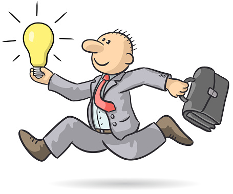 Drawing of a cheerful businessman running with a light bulb and a bag in hand, vector illustration