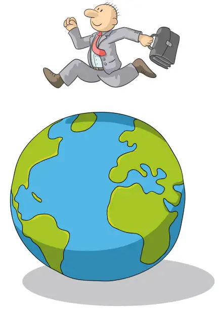 Vector illustration of Drawing of a cheerful businessman jumping over the world with a bag in hand, vector illustration