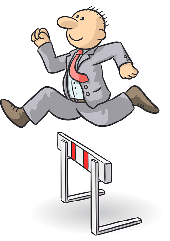 Drawing of a cheerful businessman jumping over a hurdle, vector illustration