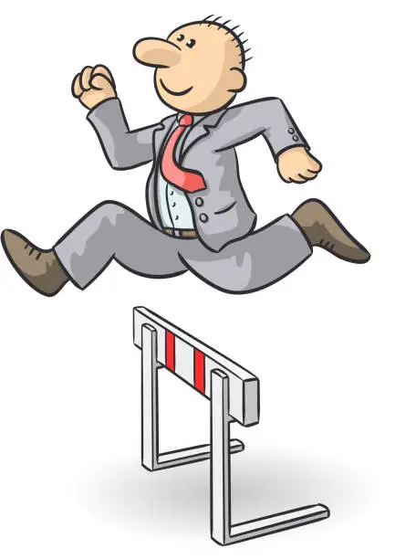 Vector illustration of Drawing of a cheerful businessman jumping over a hurdle, vector illustration