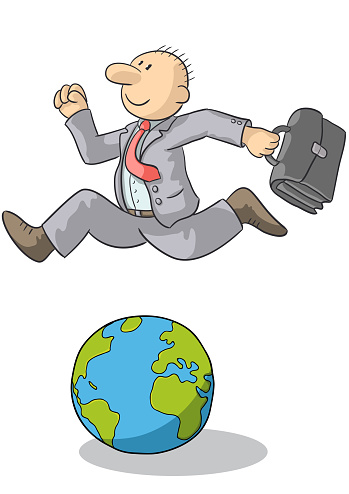 Drawing of a cheerful businessman jumping over the world with a bag in hand, vector illustration