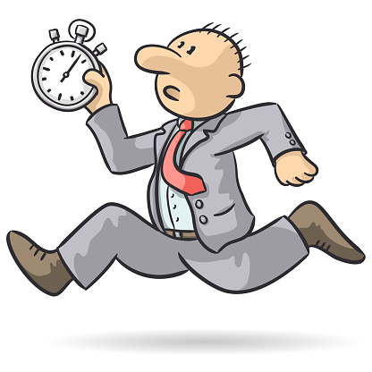 Drawing of a worried businessman running with a stopwatch in his hand, vector illustration