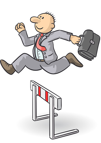 Drawing of a cheerful businessman jumping over a hurdle, vector illustration