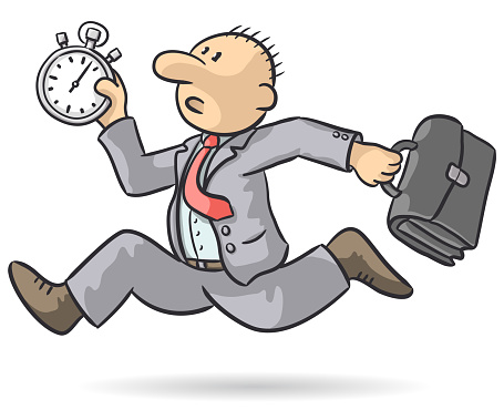 Drawing of a worried businessman running with a bag in hand and a stopwatch, vector illustration