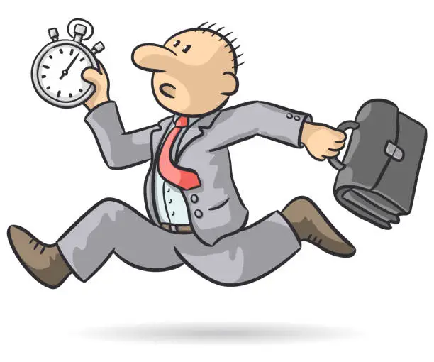 Vector illustration of Drawing of a worried businessman running with a bag in hand and a stopwatch, vector illustration