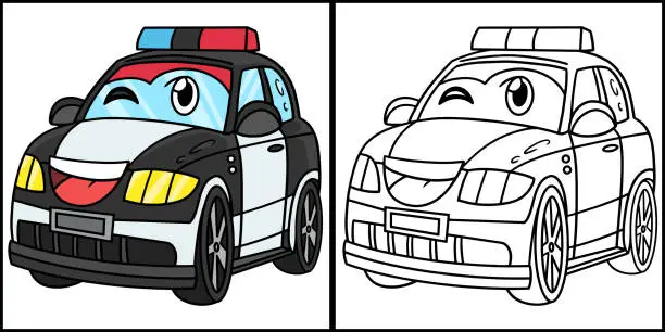 Vector illustration of Police Car with Face Vehicle Coloring Illustration