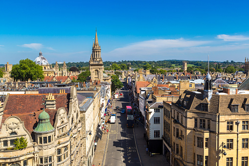 Aerial view of Oxford cityscape at day, UK.