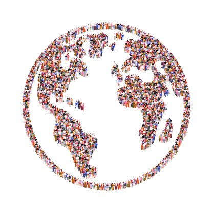 Large group of people in form of Earth planet. Planet Earth day or Environment day concept. People standing together. A crowd of male and female characters. Flat vector illustration isolated on white background.