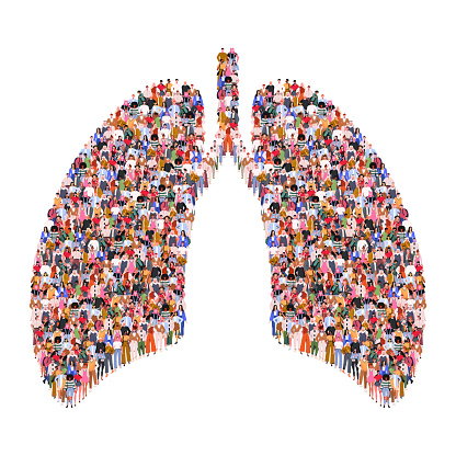 Large group of people in lungs form. Healthy lifestyle. Medicine concept. People standing together. A crowd of male and female characters. Flat vector illustration isolated on white background.