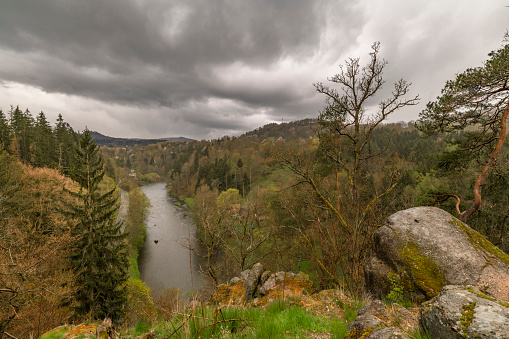 Valley of river Ohre view from old chapel in rainy spring cloudy fresh day near Kyselka spa