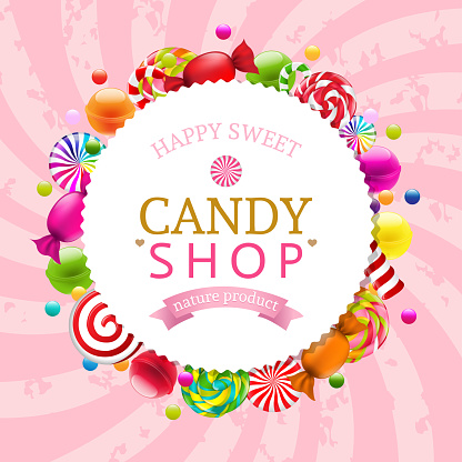 Candy Shop Label With Pink Sunburst With Gradient Mesh, Vector Illustration