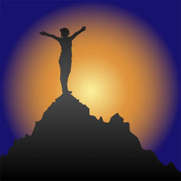 Vector illustration of Woman with her arms raised on top of a mountain.