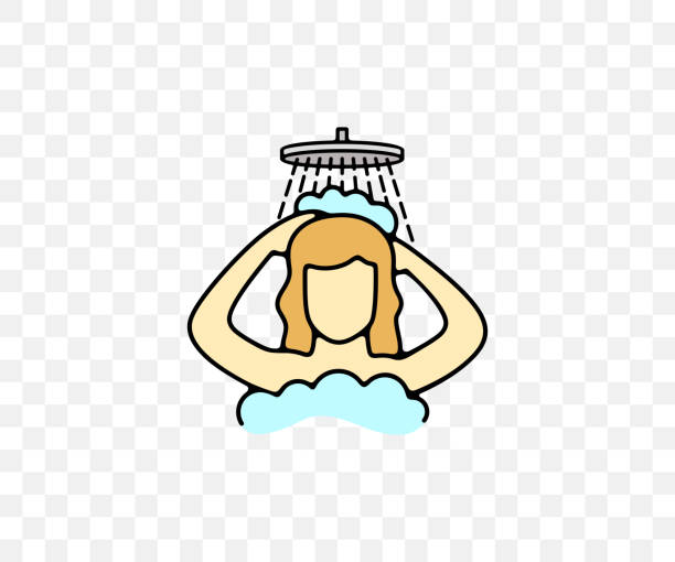 kobieta kąpie się pod prysznicem i pieni, kolorowa szata graficzna. łazienka, higiena, pielęgnacja ciała, pielęgnacja włosów, szampon, mydło i żel, projektowanie wektorowe i ilustracja - bathtub women naked human face stock illustrations