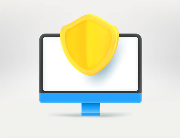 ilustrações de stock, clip art, desenhos animados e ícones de modern computer with golden shield. computer security concept. 3d vector illustration - humor badge blue crime