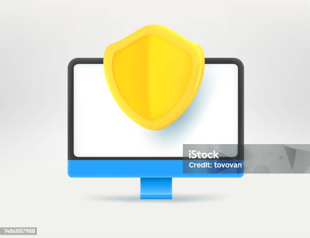 Modern Computer With Golden Shield Computer Security Concept 3d Vector ...