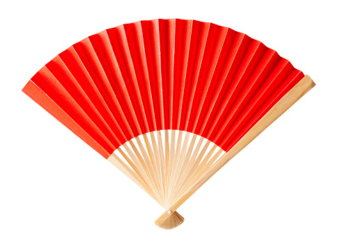 Red Paper and Wood Folding Fan Cut Out on White.