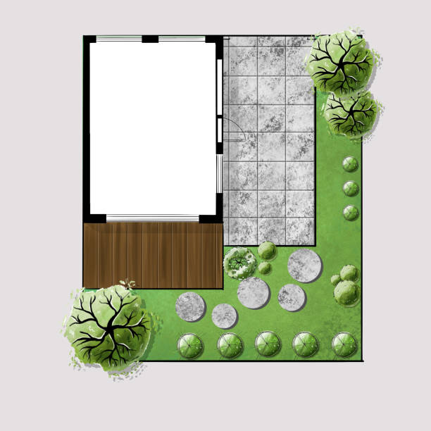 istock preliminary design of a suburban area with a house. Site plan, landscaping plan. 1486891417