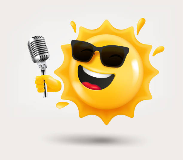 ilustraciones, imágenes clip art, dibujos animados e iconos de stock de emoji de sol feliz con micrófono en mano. vector 3d aislado sobre fondo blanco - sunny cantante