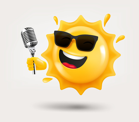 Happy sun emoji with microphone in a hand. 3d vector isolated on white background