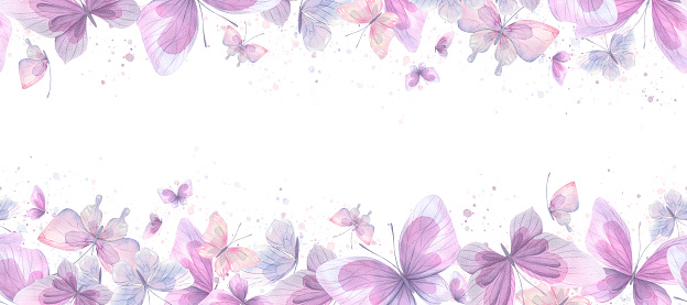 Pink, lilac and blue butterflies, gentle, airy, flying. Watercolor illustration. Seamless border on a white background. For decoration and design of posters, wallpapers, postcards, fabrics, textiles.