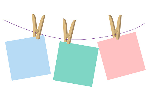vector blank post-its.Multi-colored note paper on a white background hangs on a rope.
